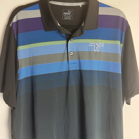 Puma Vanderbilt Golf Polo Shirt Men Large Black Blue Stripe Short Sleeve Sporty - Picture 2 of 9